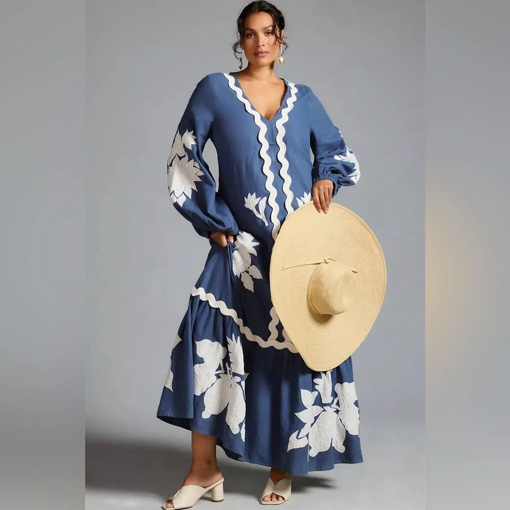 FARM Rio Blue Maxi Dress with White Appliqué - Picture 2 of 8